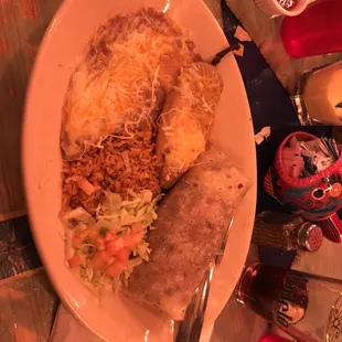 Delicious dinner, carnitas burro, Chile relleno