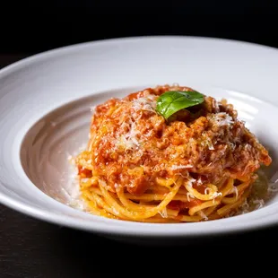 a plate of spaghetti and meat sauce