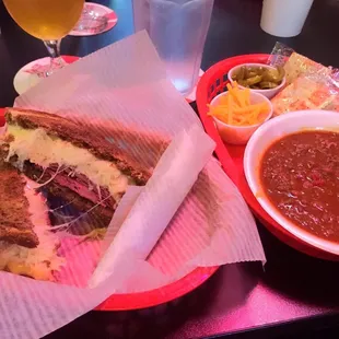 a sandwich and a bowl of chili