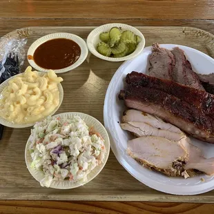 Three Meats Combo (chicken, ribs, and brisket) with Mac &amp; Cheese and Coleslaw for the sides.