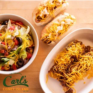 Lunch at Carl's : Taco Salad / Carl's Cheese Coneys / Shredded Beef Tamales