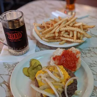 Cheeseburger, fries, root beer