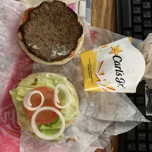 Famous star no cheese meal small fry. 3 onion, 1 tomato lettuce.