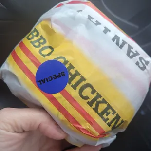 a person holding a sandwich