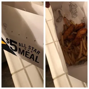 chicken wings and fries in a paper bag