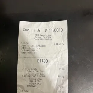 a receipt on a table