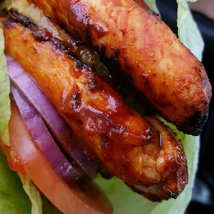 Lettuce wrapped, double charbroiled chicken with pineapple burger