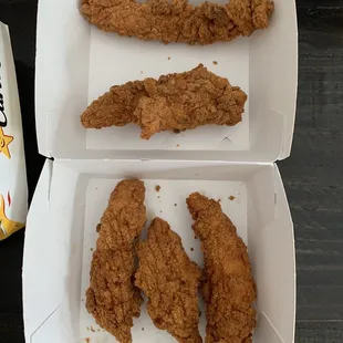 Over fried, dry, thin, inedible chicken tenders.