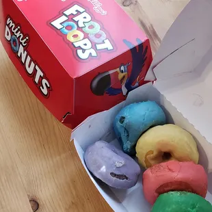 Froot Loops Mini Donuts. They taste just like Froot Loops and are tasty stuff.