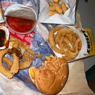 Chicken star nuggets, jr cheeseburger,  Onion Rings