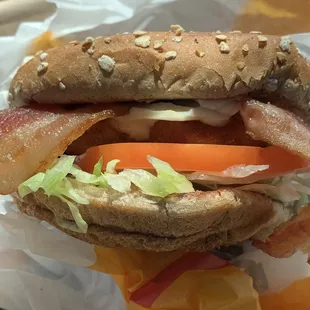 Charbroiled chicken club sandwich on a whole-wheat bun for $7.85