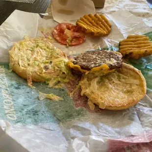 a burger, fries, and a drink