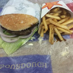 Teriyaki burger with regular fries.