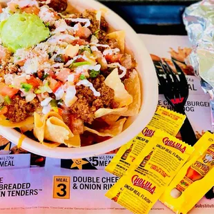 Beef Nachos and a Crunchy Beefy Taco. The Cholula was a nice touch.