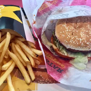 a hamburger and french fries