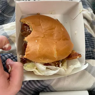a hand holding a sandwich