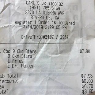 Madison ave location charges $10.59 for the MEDIUM 9 piece chicken star combo. La Sierra only charges $8.68 for the LARGE!