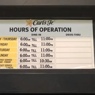New store hours Dine-in