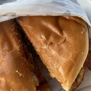 Chicken sandwich that you can clearly see the line of salt.