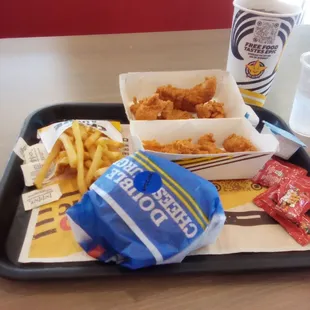 a tray of food and drink