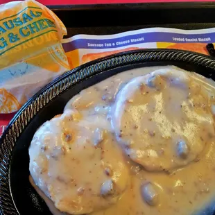 A Sausage Egg&apos;n Cheese Biscuit with a Biscuits&apos;n Gravy order.