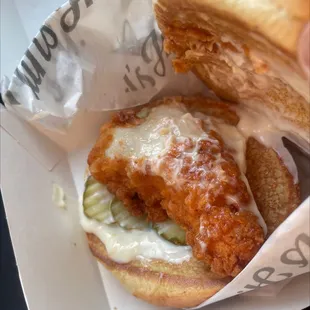 Hand-Breaded Chicken Sandwich hot honey with no fucking hot honey like ??. Don&apos;t even get me started on the chicken bro.