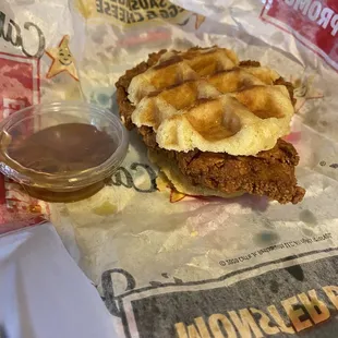Hand-breaded chicken and waffle sandwich
