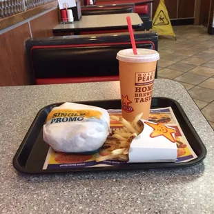 a tray of food and a drink