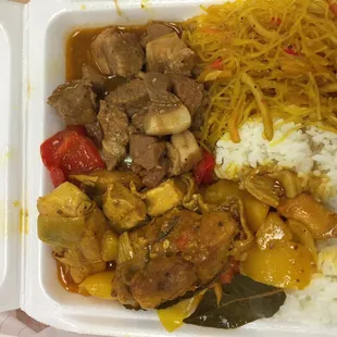 Regular combo: all pancit and rice (no mac salad) with chicken afritada and pork adobo.