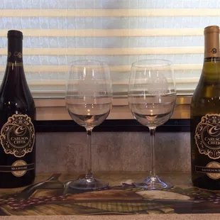 two wine glasses and a bottle of wine