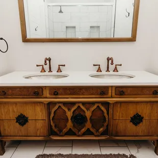 Antique dresser turned into a bathroom vanity