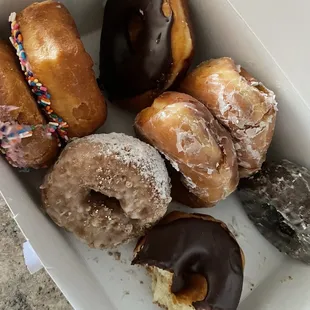chocolate glazed, strawberry, cinnamon crunch and regular glazed $14 a dozen, $8 for half dozen