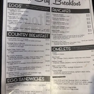 the breakfast menu and prices