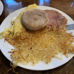 Ham, eggs, hash browns, English muffin