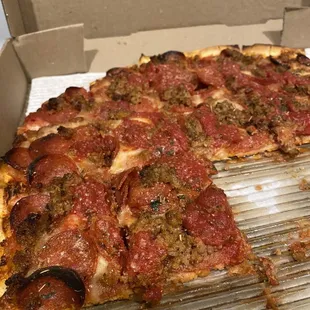 Pepperoni and sausage with extra sauce.