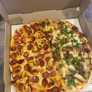 Left half: create-your-own with pepperoni, banana pepper, and hot honey drizzle  Right half: BBQ chicken