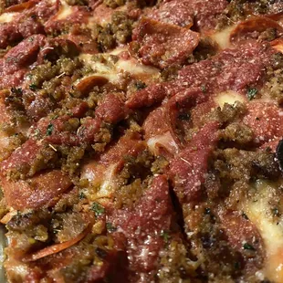 Pepperoni and sausage with extra sauce.  I only like sausage from Carlucci's - it is amazing!