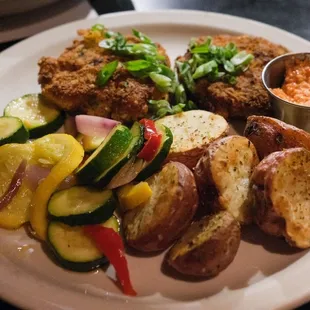 Shrimp Cakes with Roasted potatoes and squash