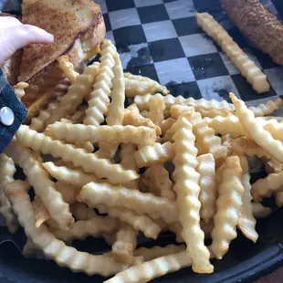 Grilled cheese and fries and a fried pickle