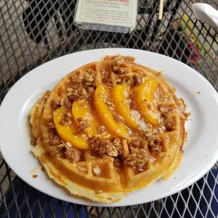 Peach Cobbler Waffles ($10) = pretty tasty; taken on Oct 07, 2018