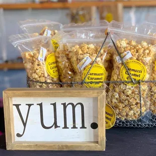 a basket of caramel corn