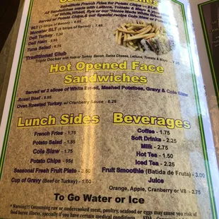 Menu - sandwiches, sides and beverages