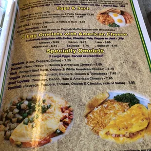 Breakfast eggs and omelette menu