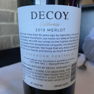 Bottle of &apos;Decoy&apos; Merlot