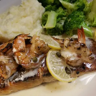 Salmon w/ shrimp and lemon caper butter sauce special at Carmela's!