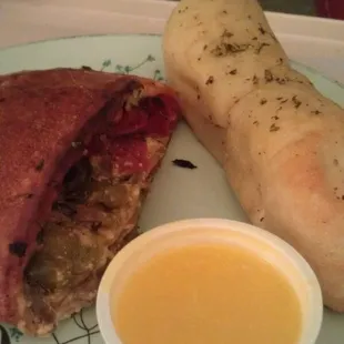 Calzone and garlic bread.