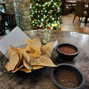 Chips with salsa and bean dip