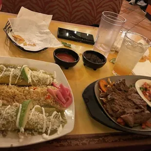 Carne asada, black beans veracruzano rice Spinach Enchiladas Verdes
