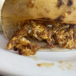 Chorizo and egg taco on flour