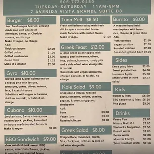 the menu for the restaurant